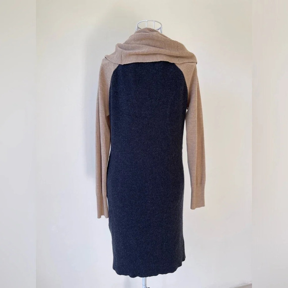 Cynthia Rowley Extrafine Merino Wool Cowl Neck Dress beige black Side Zip M - Picture 2 of 6